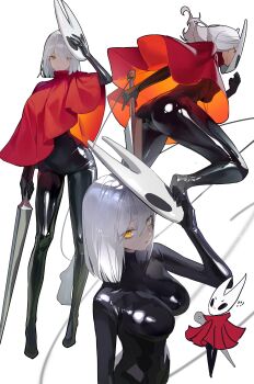1girl absurdres ass black_bodysuit bodysuit breasts cape closed_mouth commentary_request grey_hair highres holding holding_mask holding_weapon hollow_knight hollow_knight:_silksong hornet_(hollow_knight) humanization korean_commentary lizchief looking_at_viewer mask medium_breasts medium_hair multiple_views red_cape running serious standing weapon yellow_eyes