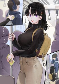 1boy 1girl ass backpack bag bag_charm black_hair blue_eyes breasts cellphone charm_(object) comic commentary_request faceless faceless_male hair_ornament hairclip hand_grip headphones highres holding holding_phone jun_(navigavi) large_breasts looking_at_viewer original people phone seat sitting sleeping sleeping_upright smartphone smile sweatdrop tapping_shoulder train train_interior translation_request