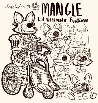 ... absurdres angry animatronic april_fools bow bowtie character_name clenched_hands closed_mouth commentary danganronpa_(series) danganronpa_another_episode:_ultra_despair_girls dated doodle_inset english_commentary eyelashes fangs finger_to_own_chin five_nights_at_freddy's five_nights_at_freddy's_2 highres josh-s26 mangle missing_eye multiple_views open_mouth parody robot signature simple_background speech_bubble spoken_ellipsis towa_monaca wheelchair white_background