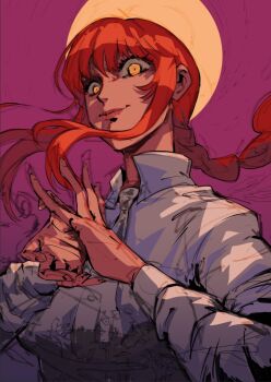 1girl braid braided_ponytail breasts chainsaw_man closed_mouth commentary constricted_pupils english_commentary grey_necktie grey_shirt hands_up long_hair long_sleeves looking_at_viewer makima_(chainsaw_man) mariosdalart necktie purple_background red_hair ringed_eyes shirt sidelocks smile solo upper_body yellow_eyes