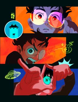 1boy abduction absurdres adjusting_eyewear black_hair black_jacket commentary cow dandadan english_commentary gakuran glasses highres jacket kami_high_school_uniform long_sleeves looking_at_viewer looking_through_fingers male_focus multiple_views open_mouth parted_lips round_eyewear school_uniform short_hair takakura_ken_(dandadan) thyzzem tractor_beam ufo upper_body