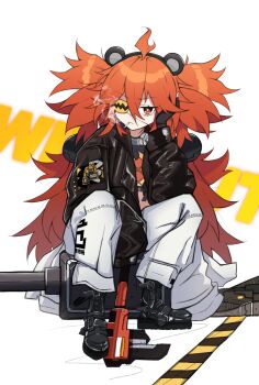 1girl animal_ears bare_shoulders bear_ears black_gloves breasts crop_top eyepatch fake_animal_ears fingerless_gloves gloves hair_between_eyes hair_ornament highres koleda_belobog long_hair looking_at_viewer midriff mihoyo navel pants red_eyes red_hair seonhyang simple_background smoking solo sphere_hair_ornament twintails white_background zenless_zone_zero