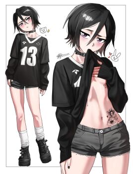 1girl belt_collar black_hair black_nails black_shirt black_shorts bleach blush breasts choker clothes_lift collar commentary denim denim_shorts english_commentary full_body goth_fashion hair_between_eyes heart highres kuchiki_rukia lifting_own_clothes long_sleeves looking_at_viewer loose_socks mouth_hold multiple_views nail_polish navel no_bra purple_eyes shirt shirt_lift short_hair short_shorts shorts signature sleeves_past_wrists small_breasts socks spikes stomach stomach_tattoo tattoo underboob waligner white_background white_socks