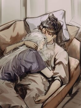 1boy 1girl absurdres arm_around_shoulder arm_around_waist bad_link black_hair closed_eyes couch cowboy_shot girl_on_top grey_shirt hand_on_another's_neck head_on_pillow hetero high_ponytail highres logicsterrr long_hair nephis_(shadow_slave) pillow ponytail purple_shirt shadow_slave shirt sleeping sleeves_rolled_up sunny_(shadow_slave) t-shirt under_covers white_hair