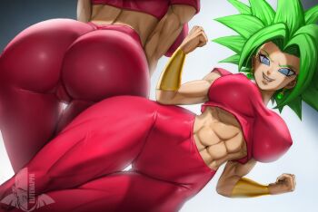 1girl abs ass back blue_eyes bracelet breasts cameltoe covered_erect_nipples dragon_ball dragon_ball_super earrings elite_nappa green_hair huge_ass jewelry kefla kefla_(dragon_ball) large_breasts lips muscular muscular_female navel pants potara_earrings smile spiked_hair underboob