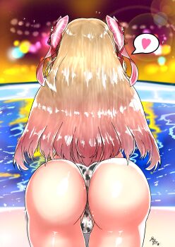 1girl absurdres animal_print artist_request ass beach blonde_hair chaos_marie_(grimms_notes) cow_print cow_print_panties from_behind grimms_notes heart highres long_hair solo source_request spoken_heart