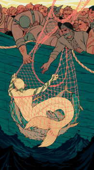 algae arm_tattoo blonde_hair boat cigar fantasy fish fisherman fishing_net grey_hair hat highres male_focus merman monster_boy multiple_boys ocean original profile reaching sarakipin short_hair smoking_pipe sweater tattoo topless_male trapped watercraft white_hair