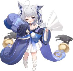 Rule 34 | 1girl, aged down, ahoge, animal ear fluff, animal ears, artist request, azur lane, bare shoulders, blue ribbon, blush, collarbone, fox ears, full body, grey hair, hair ribbon, highres, holding, japanese clothes, kimono, long sleeves, looking at viewer, loose socks, non-web source, off shoulder, official art, one eye closed, open mouth, oversized clothes, pleated skirt, pom pom (clothes), purple eyes, ribbon, shinano-chan (azur lane), skirt, sleeves past fingers, sleeves past wrists, socks, solo, standing, twintails, white skirt, white socks, wide sleeves