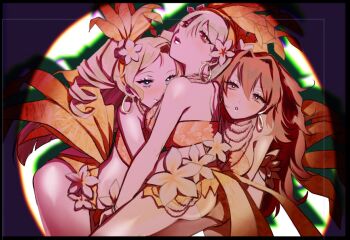 3girls bikini bird_tail blonde_hair brooklyn_(kancolle) commentary_request dancer earrings feather_hair_ornament feathers flower hair_intakes hair_ornament headdress honolulu_(kancolle) hoop_earrings jewelry joi_kun_(senzai_hiyori) kantai_collection long_hair multiple_girls orange_bikini phoenix_(kancolle) red_hair showgirl swimsuit tail