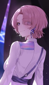 1girl absurdres arimura_mao blurry blush commentary curtains depth_of_field eimizzzzz from_behind gakuen_idolmaster hair_over_one_eye highres idolmaster jacket jewelry looking_at_viewer looking_back pink_hair purple_eyes short_hair solo stage stage_curtains white_jacket