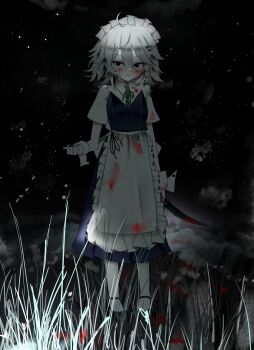 Rule 34 | 1girl, absurdres, ahoge, apron, black eyes, black shoes, blood, blood on clothes, blood on face, bloody knife, blue dress, blush, bow, braid, closed mouth, collared shirt, commentary, dress, english commentary, frilled apron, frills, full body, grass, green bow, green ribbon, hair between eyes, hair bow, highres, holding, holding knife, izayoi sakuya, knife, looking at viewer, maid, medium dress, neck ribbon, ougiikun, ribbon, shirt, shoes, short hair, short sleeves, side braid, smile, solo, standing, thighhighs, touhou, white apron, white hair, white headdress, white shirt, white thighhighs