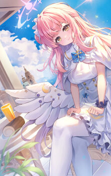 1girl absurdres angel_wings blue_archive blue_bow blush bow breasts buttons cake capelet closed_mouth cloud cloudy_sky dress feathered_wings food gold_trim greenapple hair_bun halo highres juice long_hair looking_at_viewer low_wings medium_breasts mika_(blue_archive) orange_juice pantyhose pink_hair pink_halo scrunchie single_hair_bun single_side_bun sky smile solo swiss_roll thighs very_long_hair white_capelet white_dress white_overskirt white_pantyhose white_wings wing_ornament wings wrist_scrunchie yellow_eyes