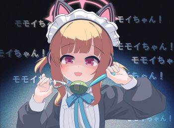 1girl absurdres animal_ear_headphones animal_ears apron black_dress blonde_hair blue_archive blue_bow blue_bowtie bow bowtie cat_ear_headphones cat_ears collared_dress commentary contrast_collar cord_pull dress fake_animal_ears frilled_apron frills halo hands_up headphones highres holding jhsd light_blush long_sleeves looking_at_viewer maid maid_apron maid_headdress momoi_(blue_archive) momoi_(maid)_(blue_archive) official_alternate_costume official_alternate_hairstyle open_mouth pink_eyes pink_halo puffy_long_sleeves puffy_sleeves shaded_face short_hair short_twintails shukusei!!_loli-kami_requiem sidelocks smile solo text_background twintails upper_body virtual_pet_(toy) white_apron white_headdress