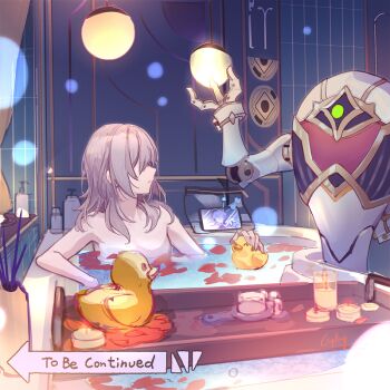 1girl 1other arm_up bathing bathtub candle cellphone chandelier commentary convenient_censoring csyday grey_hair hair_brush honkai:_star_rail honkai_(series) incense indoors looking_at_another music musical_note parted_lips petals phone robin_(honkai:_star_rail) robot rubber_duck shampoo_bottle short_hair shush_(honkai:_star_rail) signature singing sketch stelle_(honkai:_star_rail) to_be_continued trailblazer_(honkai:_star_rail)