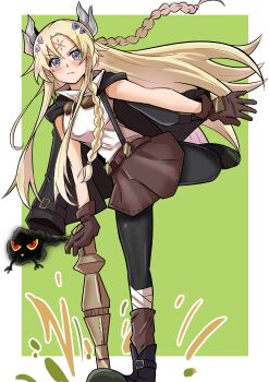 1girl absurdres bakuma black_boots black_cloak black_pantyhose blonde_hair blue_eyes blush boots border breasts brown_skirt cloak closed_mouth commentary_request duel_monster ecclesia_(yu-gi-oh!) facial_mark forehead_mark green_background highres incredible_ecclesia_the_virtuous long_hair pantyhose simple_background skirt solo_focus suspenders white_border yu-gi-oh!