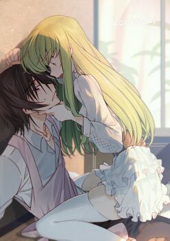 1boy 1girl apron backlighting black_hair c.c. code_geass couple creayus face-to-face frilled_skirt frills from_side girl_on_top green_hair hand_on_another's_chin hetero lelouch_vi_britannia long_hair looking_at_another looking_down looking_up miniskirt open_mouth parted_lips pink_apron red_eyes shirt short_hair sitting skindentation skirt straddling thighhighs thighs white_shirt white_skirt white_thighhighs window yellow_eyes