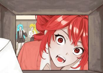 3girls :o absurdres akita_neru aqua_hair black_necktie black_skirt blank_eyes blazer blonde_hair cellphone collared_shirt drill_hair envelope fangs getabako hand_up hashtag-only_commentary hatsune_miku highres holding holding_phone indoors jacket kasane_teto long_hair looking_at_viewer multiple_girls necktie open_mouth phone pink_sweater_vest red_eyes red_hair school_uniform shirt shoe_locker_pov side_ponytail sidelocks skirt smartphone surprised sweater_vest takeurae triple_baka_(vocaloid) twin_drills twintails utau vocaloid wide-eyed yellow_eyes