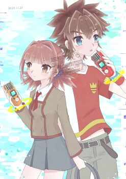 amano_nene_(digimon_xros_wars) aonuma_kiriha couple digimon digimon_xros_wars digimon_xros_wars:_toki_wo_kakeru_shounen_hunter-tachi hair_ornament hairclip hinomoto_akari hnwxzlrcuflr9wz kudou_taiki long_hair orange_eyes red_hair twintails