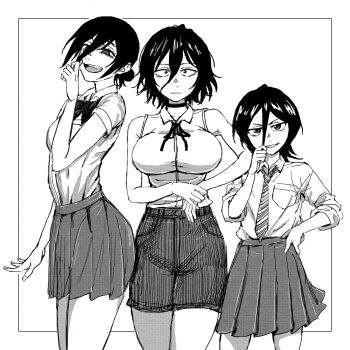 3girls asai_akira bleach breasts chainsaw_man crossover highres kuchiki_rukia looking_at_viewer multiple_girls necktie reiquant reze_(chainsaw_man) school_uniform shirt simple_background skirt sleeveless sleeveless_shirt white_background yofukashi_no_uta