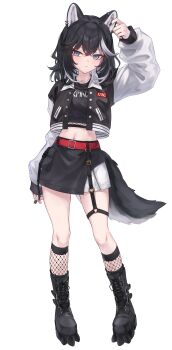 1girl absurdres animal_ear_piercing animal_ears belt black_boots black_hair black_jacket black_shirt black_skirt blue_eyes boots chain chain_necklace dog_ears dog_girl dog_tail fishnet_kneehighs fishnets full_body highres jacket jewelry kmnz kneehighs long_sleeves looking_at_viewer midriff miniskirt multicolored_hair multicolored_jacket navel necklace nero_(kmnz) open_clothes open_jacket platform_boots red_belt rei_(9086) shirt simple_background skirt smile socks streaked_hair tail two-tone_hair two-tone_jacket virtual_youtuber white_background white_hair white_jacket