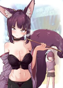 2girls absurdres ahoge animal_ear_fluff animal_ears averting_eyes black_choker black_panties black_pants black_tube_top blush bow bow_panties breasts character_request choker cleavage commentary copyright_request detached_sleeves fallenshadow floral_print grey_shirt highres holding holding_smoking_pipe indie_virtual_youtuber kiseru large_breasts long_sleeves looking_at_viewer medium_hair multiple_girls navel navel_piercing open_fly open_pants panties pants panty_peek pettan_(zeez4743) piercing pink_panties print_sleeves purple_hair purple_sleeves shirt smoke smoking_pipe strapless tube_top underwear untranslatable_commentary virtual_youtuber wide_sleeves