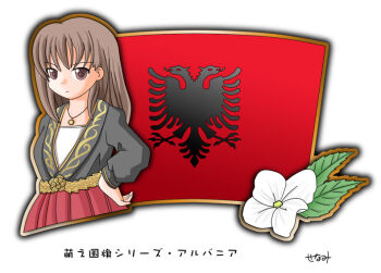 1girl albania albanian_flag brown_eyes brown_hair copyright_request flag flower long_hair looking_at_viewer murakami_senami necklace text_focus translation_request upper_body