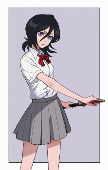 Rule 34 | 1girl, absurdres, black hair, bleach, bow, bowtie, breasts, chi mei wang liang, chinese commentary, commentary request, grey skirt, hair between eyes, highres, holding, holding sheath, holding sword, holding weapon, karakura high school uniform, kuchiki rukia, medium hair, miniskirt, pleated skirt, purple eyes, red bow, red bowtie, school uniform, sheath, skirt, small breasts, solo, sword, weapon