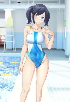 1girl absurdres alternate_costume black_hair blue_eyes blue_one-piece_swimsuit breasts competition_swimsuit covered_navel hair_ribbon highleg highleg_one-piece_swimsuit highres indoors kantai_collection large_breasts long_hair multicolored_swimsuit one-piece_swimsuit pool poolside ribbon smile souryuu_(kancolle) swimsuit takafumi twintails white_one-piece_swimsuit white_ribbon