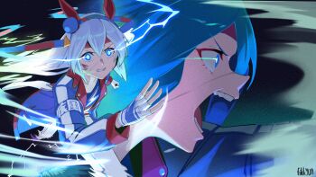 Rule 34 | 1girl, ahoge, animal ears, blue eyes, blue hairband, blue sports bra, bow, commentary, ear bow, ear covers, ear ornament, english commentary, fang, fikkyun, grey hair, grey tail, hair between eyes, hairband, headband, highres, horse ears, horse girl, horse tail, jacket, lightning bolt print, long hair, long sleeves, open mouth, red headband, shirt, sports bra, striped clothes, striped hairband, tail, tamamo cross (umamusume), tamamo cross (with lightning speed) (umamusume), umamusume, umamusume: cinderella gray, very long hair