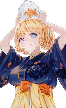 1girl absurdres ahaha_kun animal_print arms_up bag bagged_fish blonde_hair blue_eyes blue_kimono blunt_bangs bob_cut bow breasts choppy_bangs closed_mouth commentary english_commentary fish fish_print from_below goldfish_print hakama hakama_skirt highres hololive hololive_english japanese_clothes kimono large_breasts obi official_alternate_costume print_kimono sash simple_background skirt sleeves_rolled_up smile solo underbust virtual_youtuber waist_bow watson_amelia watson_amelia_(new_year) white_background wide_sleeves yellow_hakama yellow_skirt