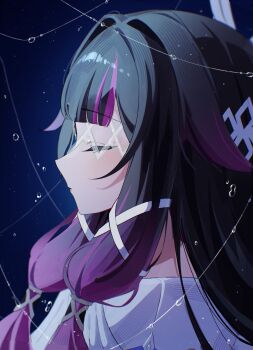 1girl black_hair blue_background blunt_bangs closed_mouth columbina_(genshin_impact) commentary_request eye_mask from_side genshin_impact highres hiroyi_(mei) long_hair long_sidelocks mask multicolored_hair portrait purple_hair sidelocks solo water_drop