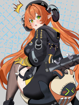 1girl absurdres aquamarine725 black_hat black_hoodie black_shoes black_thighhighs blush eous_(zenless_zone_zero) gloves green_eyes hat highres hood hoodie long_hair looking_at_viewer mechanical_tail open_mouth orange_hair orphie_magnusson pointy_ears shoes solo tail thighhighs very_long_hair yellow_gloves zenless_zone_zero