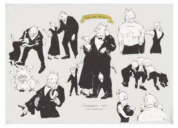 1girl 4boys bird_boy bird_girl carrying catching child child_carry commentary dress eagle_boy english_text family feathers flustered formal_clothes furry furry_female furry_male grey_background multiple_boys nagabe original princess_carry simple_background spot_color suit tail tripping