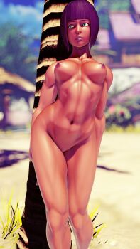1girl 3d absurdres ancient_egyptian artist_request blue_sky breasts completely_nude curvy dark-skinned_female dark_skin female_focus highres long_hair looking_at_viewer menat navel nipples no_pussy nude palm_tree purple_hair screencap shiny_skin short_hair sky solo standing street_fighter street_fighter_v tree