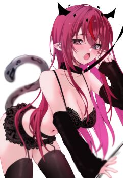 1girl absurdres acedia black_arm_warmers blue_eyes bra breasts cat_tail claw_pose cleavage collar commentary english_commentary garter_belt heterochromia highres hololive hololive_english horns irys_(hololive) leash leash_pull long_hair looking_at_viewer navel open_mouth pointy_ears purple_eyes purple_hair simple_background tail thighhighs underwear very_long_hair virtual_youtuber white_background