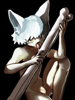 1boy animal_ear_fluff animal_ears black_background bone cartoon_bone commentary_request completely_nude dog_boy dog_ears fang grey_hair hair_over_one_eye hands_up highres holding holding_bone knee_up licking looking_at_viewer male_focus nude original penis shima_(wansyon144) short_hair shota simple_background sitting solo tongue tongue_out yellow_eyes