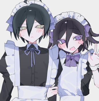 2boys :&lt; ahoge alternate_costume apron black_dress black_hair blush bow buttons colored_eyelashes commentary_request crossdressing crossdressing_(mtf) danganronpa_(series) danganronpa_v3:_killing_harmony dress enmaided flipped_hair frilled_apron frills frown hair_between_eyes highres holding_another&#039;s_arm long_sleeves looking_at_viewer maid maid_apron maid_headdress male_focus male_maid medium_hair multiple_boys nial oma_kokichi open_mouth purple_bow purple_eyes purple_hair saihara_shuichi short_hair short_sleeves sweatdrop trap upper_body waving white_apron white_background wrist_cuffs yellow_eyes