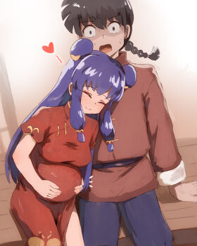 1boy 1girl braid breasts china_dress chinese_clothes commentary commentary_request constricted_pupils double_bun dress hair_bun hands_on_own_stomach heart highres jacket jaw_drop leaning_on_person long_hair medium_breasts partial_commentary pregnant purple_hair ranma_1/2 red_dress red_jacket saotome_ranma seneto shaded_face shampoo_(ranma_1/2) sidelocks smile surprised turn_pale wide-eyed