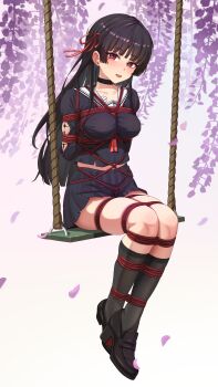 1girl absurdres arms_behind_back bdsm black_choker black_hair black_serafuku black_socks bondage bound bound_arms bound_legs breast_bondage breasts chisa_(wuthering_waves) choker collarbone commentary_request highres long_hair looking_at_viewer medium_breasts midriff_peek on_swing open_mouth red_eyes red_ribbon restrained ribbon school_uniform serafuku shibari shibari_over_clothes shoes skindentation socks swing teeth very_long_hair wanliu wuthering_waves