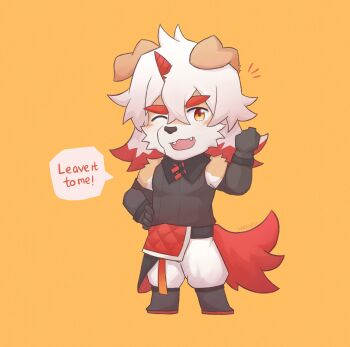 1boy absurdres arknights chibi commentary english_commentary english_text fangs fist_pump furry furry_male highres horns hung_(arknights) long_hair looking_at_viewer male_focus mythological_creature one_eye_closed single_horn solo thick_eyebrows watanukitail yellow_background