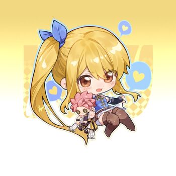 1girl artist_name blonde_hair blue_bow blush boots bow brown_boots brown_eyes character_doll chibi chibi_only commentary_request dated detached_sleeves doll fairy_tail full_body gradient_background hair_bow heart high_side_ponytail highres holding holding_doll long_hair looking_at_viewer lucy_heartfilia natsu_dragneel open_mouth sidelocks simple_background solo spoken_heart thigh_boots xuchuan