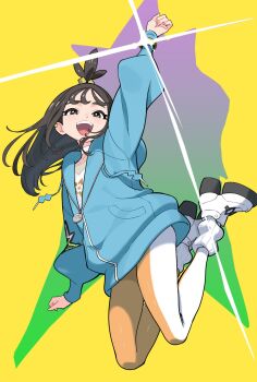 1girl :d arm_up black_eyes black_hair blue_hoodie cube_hair_ornament hair_ornament highres hood hood_down hoodie lida_(pokemon) long_hair long_sleeves looking_at_viewer nintendo open_mouth pokemon pokemon_legends:_z-a puffy_sleeves shoes smile solo teeth upper_teeth_only waipiiy white_shoes