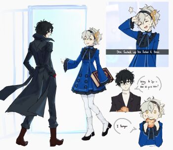 1boy 1girl absurdres alternate_eye_color alternate_hair_color amamiya_ren bib_collar black_coat black_eyes black_hair black_hairband blue_bow blue_dress book boots bow burger coat commentary dress eating english_commentary english_text food food_on_face glasses gloves grey_hair hairband highres holding holding_burger holding_food joker_(persona_5) long_sleeves persona persona_3 persona_3_portable persona_5 red_gloves shiomi_kotone stab3ry star_(symbol) sweatdrop yellow_eyes