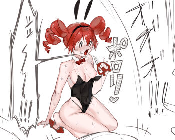 1girl absurdres accidental_pervert black_leotard bow bowtie breasts detached_collar drill_hair full_body highres holding holding_scissors kasane_teto kazama_(pixiv117363045) kneeling leotard medium_breasts nipples playboy_bunny red_bow red_bowtie red_eyes red_hair red_shoes scissors shoes simple_background solo speech_bubble sweat twin_drills utau white_background