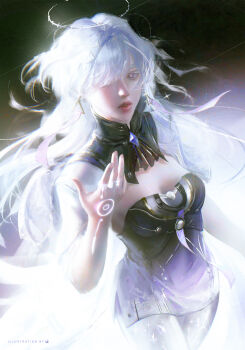 1girl absurdres artist_name body_markings breasts commentary dress english_commentary grey_hair hair_ornament hair_over_one_eye halo hand_up highres jacket long_hair looking_at_viewer medium_breasts mornye_(wuthering_waves) parted_lips purple_dress purple_eyes see-through_body solo ui_uiiiiiiiii white_jacket wuthering_waves