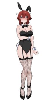 Rule 34 | 1girl, aizawa tomo, animal ear hairband, animal ears, arm under breasts, armpit crease, bare shoulders, black hairband, black leotard, black ribbon, black shoes, black thighhighs, blush, breasts, cleavage, clenched hand, closed mouth, collar, commentary, detached collar, dot nose, eyelashes, fake animal ears, fake tail, fang, fang out, fishnet thighhighs, fishnets, full body, hair between eyes, hairband, highres, large breasts, leotard, looking at viewer, medium hair, neck ribbon, playboy bunny, rabbit ear hairband, rabbit ears, rabbit tail, red eyes, red hair, ribbon, salmongrapefish, shoes, simple background, solo, sparkle, standing, tail, thigh gap, thigh strap, thighhighs, tomboy, tomo-chan wa onna no ko, trembling, wavy mouth, white background, white collar, white wrist cuffs, wrist cuffs