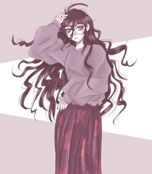 Rule 34 | 1girl, alternate costume, axolotl-anne, baggy clothes, closed mouth, commentary, cowboy shot, danganronpa (series), danganronpa another episode: ultra despair girls, english commentary, eyelashes, fingernails, fukawa toko, glasses, hair ornament, hairclip, hand on own head, long hair, long skirt, messy hair, nail polish, purple eyes, purple hair, purple nails, purple shirt, purple skirt, round eyewear, shirt, short sleeves, skirt, solo, two-tone background