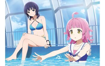 2girls absurdres ahoge artbook asaka_karin barefoot bikini blue_bikini blue_eyes blue_nails blunt_bangs bracelet breasts cleavage cloud collarbone crossed_legs highres jewelry large_breasts love_live! love_live!_nijigasaki_high_school_idol_club medium_breasts medium_hair mole multiple_girls multiple_moles nail_polish navel non-web_source o-ring o-ring_bikini official_art outstretched_arms pink_hair pool poolside purple_hair sailor_collar short_hair sitting sky smile swimsuit tennoji_rina water yellow_eyes