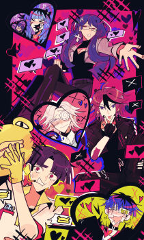 &gt;_&lt; 2girls 4boys absurdres ahoge alternate_costume alternate_universe amemiya_darumi animal_print aotsuki_eito arrow_through_heart black_border black_gloves black_hair black_jacket black_nails black_pants black_shirt black_streaks blue_eyes blue_hair blush border bow cleavage_cutout clothing_cutout commentary cropped_jacket cross cross_necklace drooling earpiece earrings english_commentary eyepatch facial_mark fingerless_gloves frog_print glasses gloves grey_hair grey_jacket hair_bow heart heart-shaped_pupils heart_facial_mark heart_in_mouth highres holding holding_mask jacket jewelry long_hair makeup maruko_gaku mask mouth_drool multicolored_hair multiple_boys multiple_girls necklace nose_blush omokage_yugamu outside_border outstretched_arm pants piercing print_eyepatch purple_eyes purple_hair red_background red_eyes red_hair roots_(hair) runny_makeup shirt shizuhara_hiruko short_hair signature streaked_hair sumino_takumi sweat symbol-shaped_pupils takueitaku the_hundred_line_-last_defense_academy- tongue tongue_out tongue_piercing v v_over_mouth white_shirt yaoi yuri