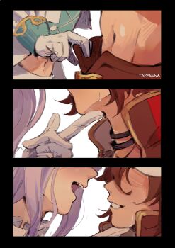 Rule 34 | 2girls, absurdres, brown hair, gloves, grin, highres, long hair, mejiro mcqueen (end of the skies) (umamusume), mejiro mcqueen (umamusume), midriff, multiple girls, navel, open mouth, purple hair, smile, sweat, tapeanna, tokai teio (beyond the horizon) (umamusume), tokai teio (umamusume), umamusume, white gloves, yuri